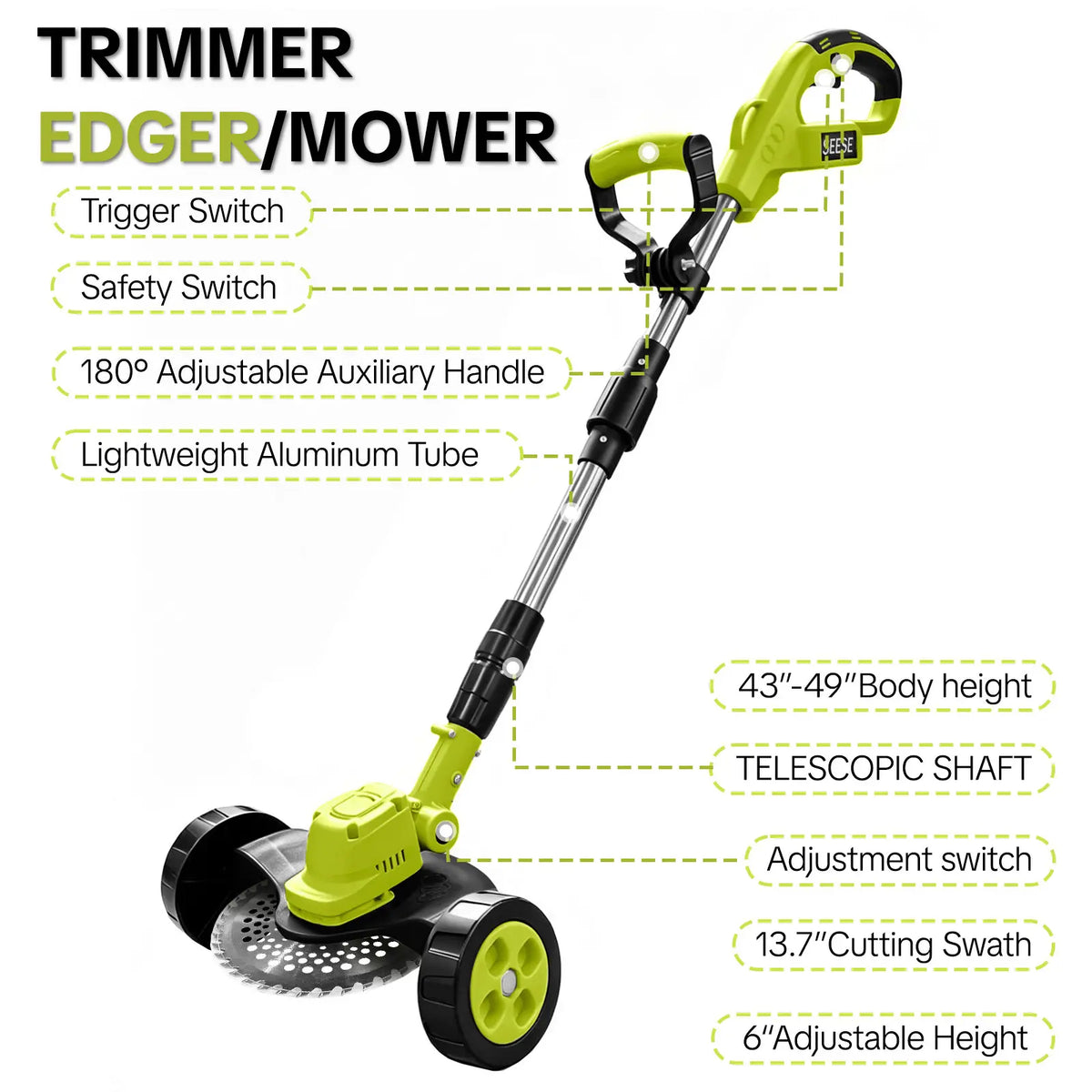 SEESE Cordless Electric Weed Wacker, 3 Different Cutting Accessories for Lawn Trimming & Edging, with 2 Batteries, Lightweight Design - Suitable for Yard, Garden+Cordless Leaf Blower Violent TurboFan,BrushlessPure Copper Motor Jet Fan With Battery