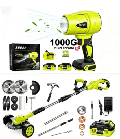 SEESE Cordless Electric Weed Wacker, 3 Different Cutting Accessories for Lawn Trimming & Edging, with 2 Batteries, Lightweight Design - Suitable for Yard, Garden+Cordless Leaf Blower Violent TurboFan,BrushlessPure Copper Motor Jet Fan With Battery