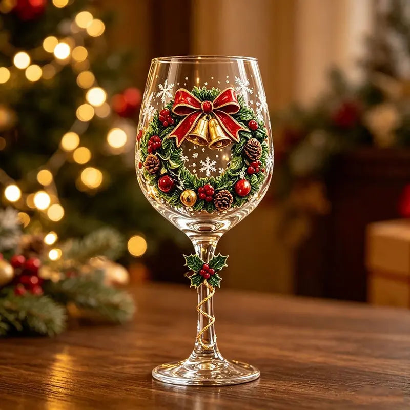 🎄🎁6Pcs Christmas Wine Glasses Set Hand-Painted Relief Glassware with Red Gift Box - Holiday Party Decor & Xmas Gifts❄️✨