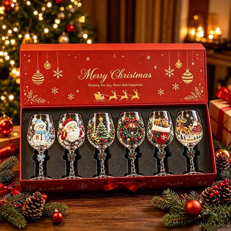🎄🎁6Pcs Christmas Wine Glasses Set Hand-Painted Relief Glassware with Red Gift Box - Holiday Party Decor & Xmas Gifts❄️✨
